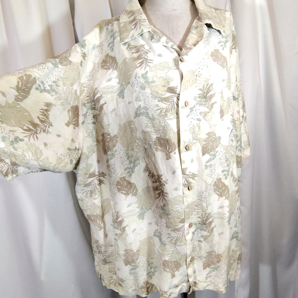 Claiborne Silk Tropical Shirt, Men, Beige Brown White, Collar, Button Down,XXL
